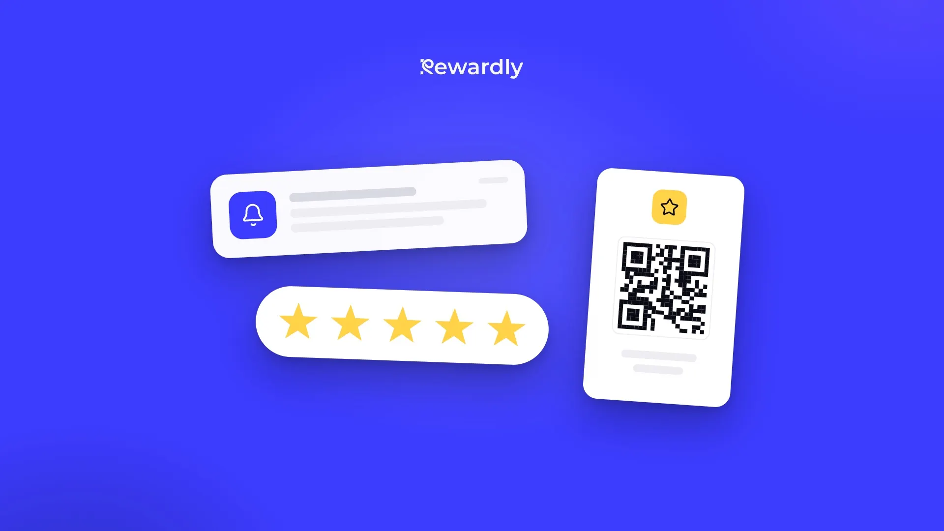 Notifikácia s ikonou zvončeka, pod ňou biely pás s piatimi žltými hviezdami a vedľa stojanček s QR kódom a ikonou hviezdy na modrom pozadí.