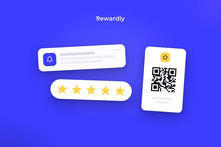 Notifikácia s ikonou zvončeka, pod ňou biely pás s piatimi žltými hviezdami a vedľa stojanček s QR kódom a ikonou hviezdy na modrom pozadí.