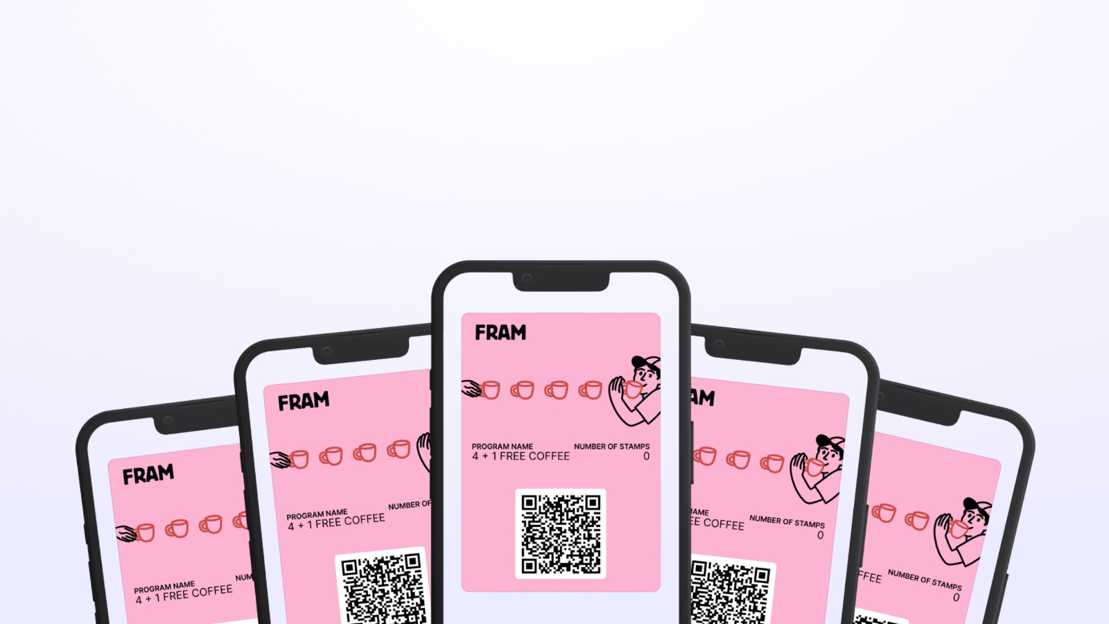 A digital loyalty card shown on five phones