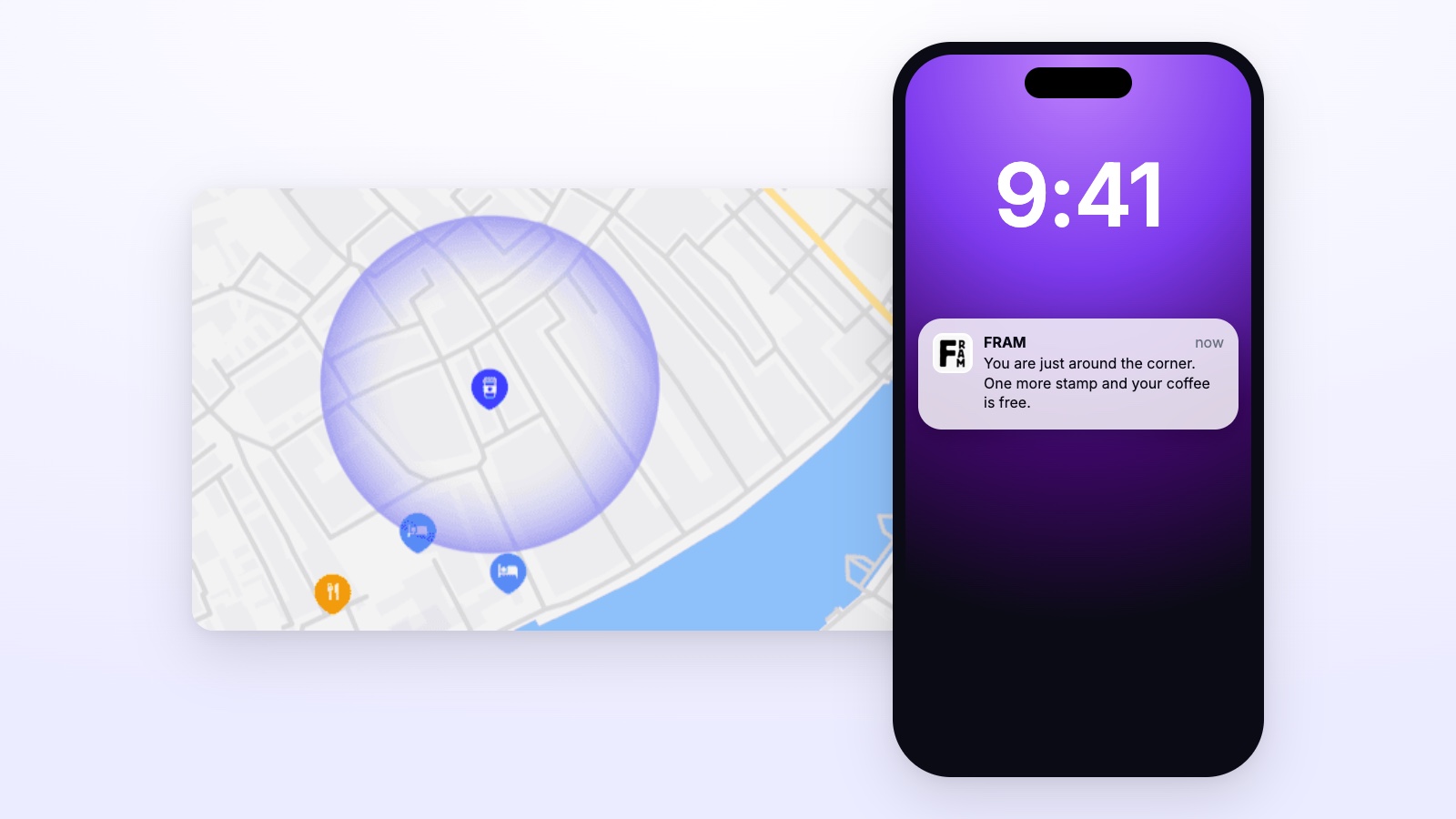 Map with a radius around the shop and a push notification on a phone lock screen