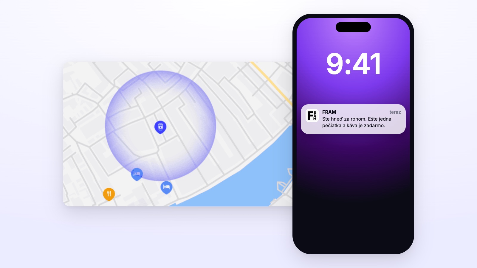Mapa s okruhom okolo prevádzky a push notifikácia na zamknutej obrazovke mobilu