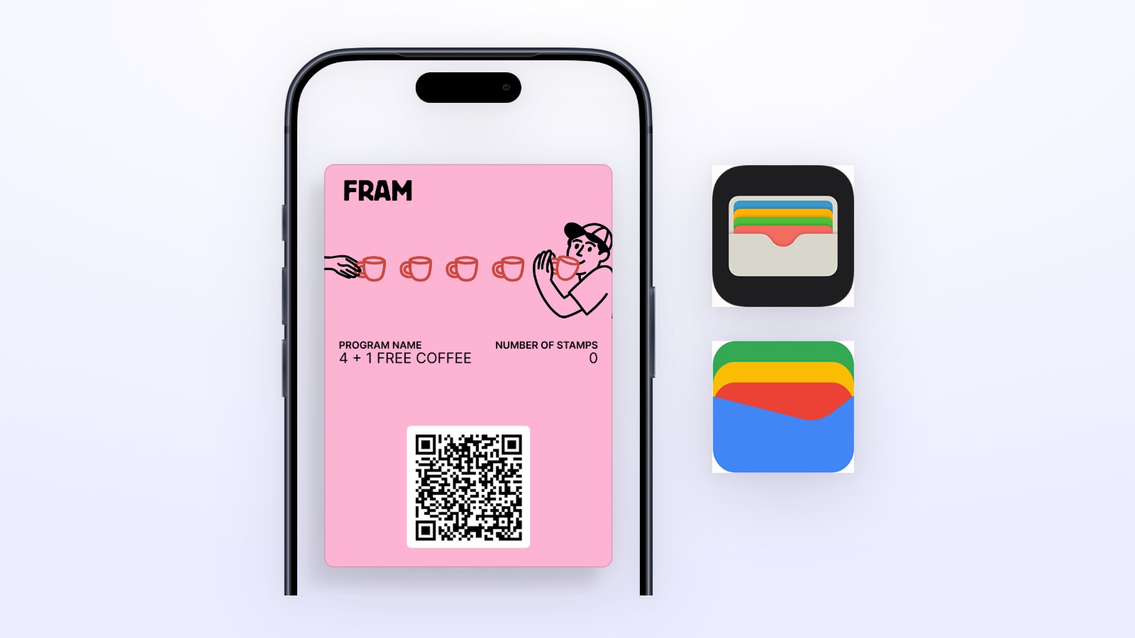 Loyalty card on a phone next to the Apple Wallet and Google Wallet icons