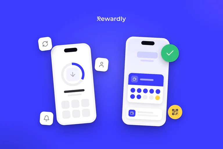 Dva mobily vedľa seba: na jednom sa ešte sťahuje vernostná aplikácia, na druhom je vernostná karta už uložená v mobilnej peňaženke.