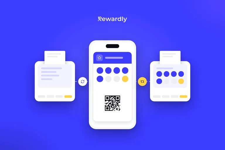 Vernostná karta v mobile v strede, vľavo pokladňa spojená s kartou obojsmernou čiarou a vpravo pokladňa, ktorá má na displeji uloženú kópiu pečiatok z karty.